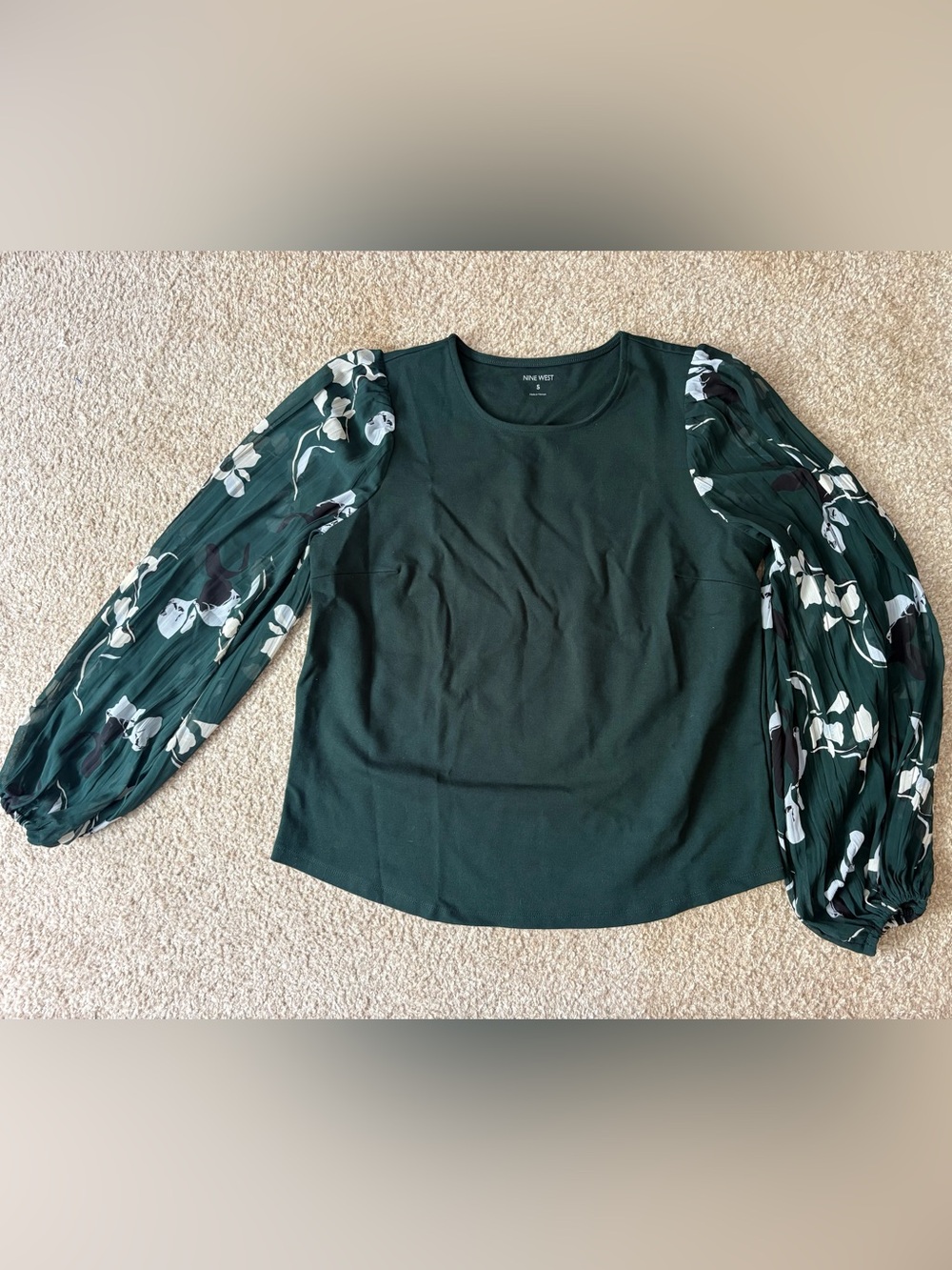 Nine West Dark Green Top with Floral Long Sleeves